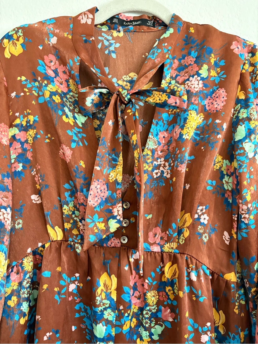 Zara Basic Floral Brown Midi Dress with Tie Neck size S - Picture 6 of 10